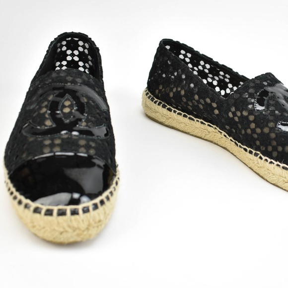 CHANEL Shoes - CHANEL Black Patent Leather & "CC" Espadrille